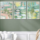 Set of 3 Abstract lily Pond in Green and Pink Wall Art Prints
