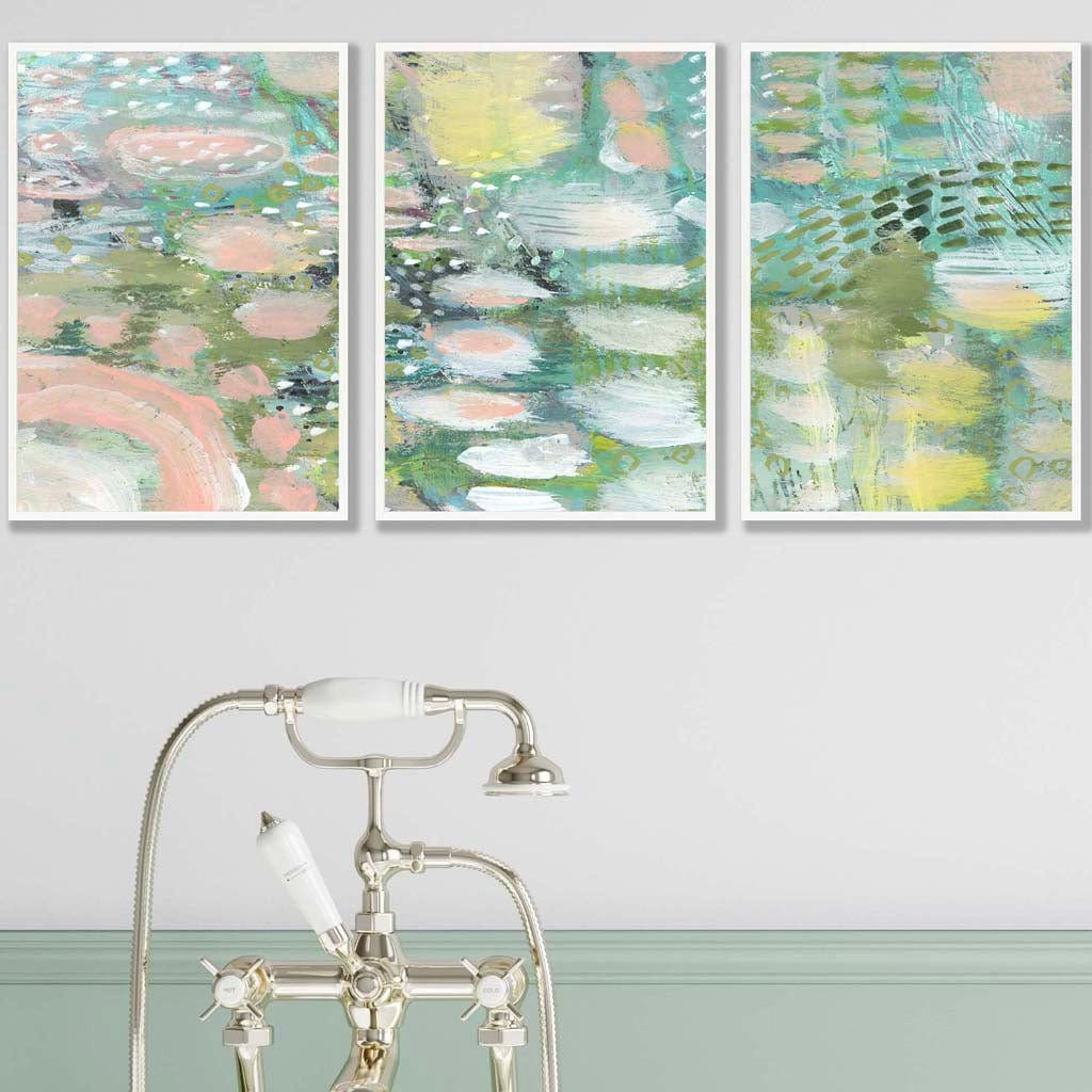 Set of 3 Abstract lily Pond in Green and Pink Wall Art Prints