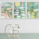 Set of 3 Abstract lily Pond in Green and Pink Wall Art Prints