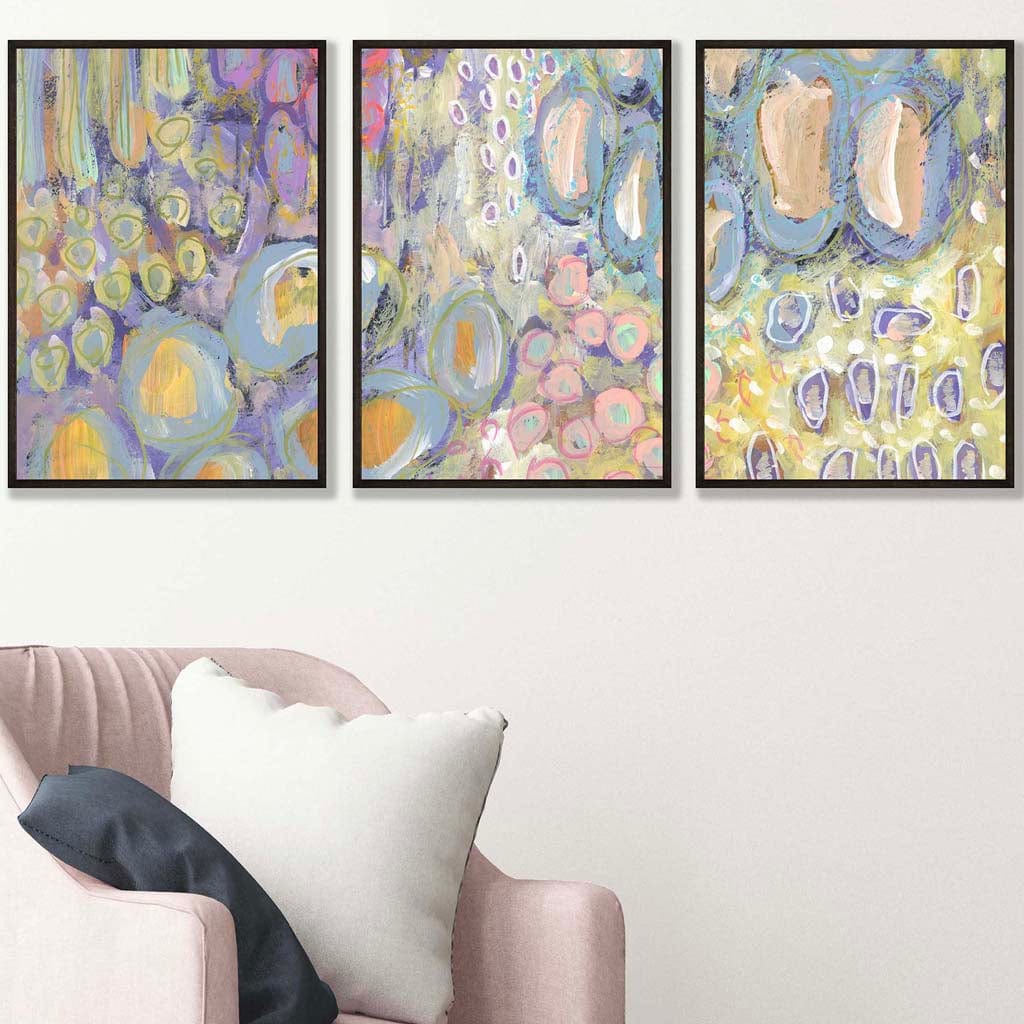 Set of 3 Abstract Floral in Purple and Yellow Wall Art Prints