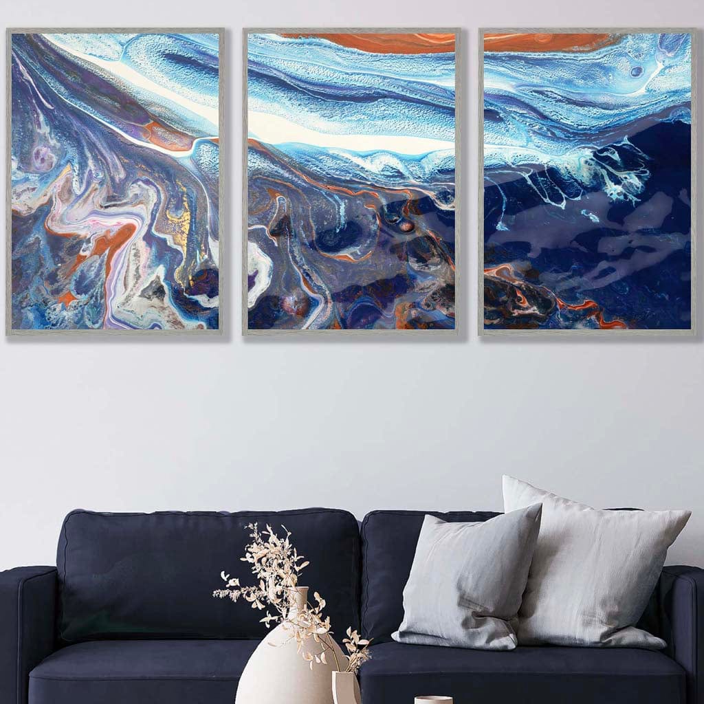 Set of 3 Abstract Blue and Orange Ocean Wall Art Prints