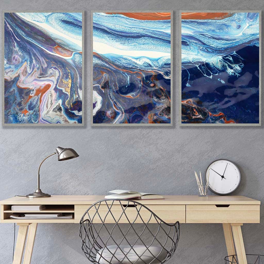 Set of 3 Abstract Blue and Orange Ocean Wall Art Prints