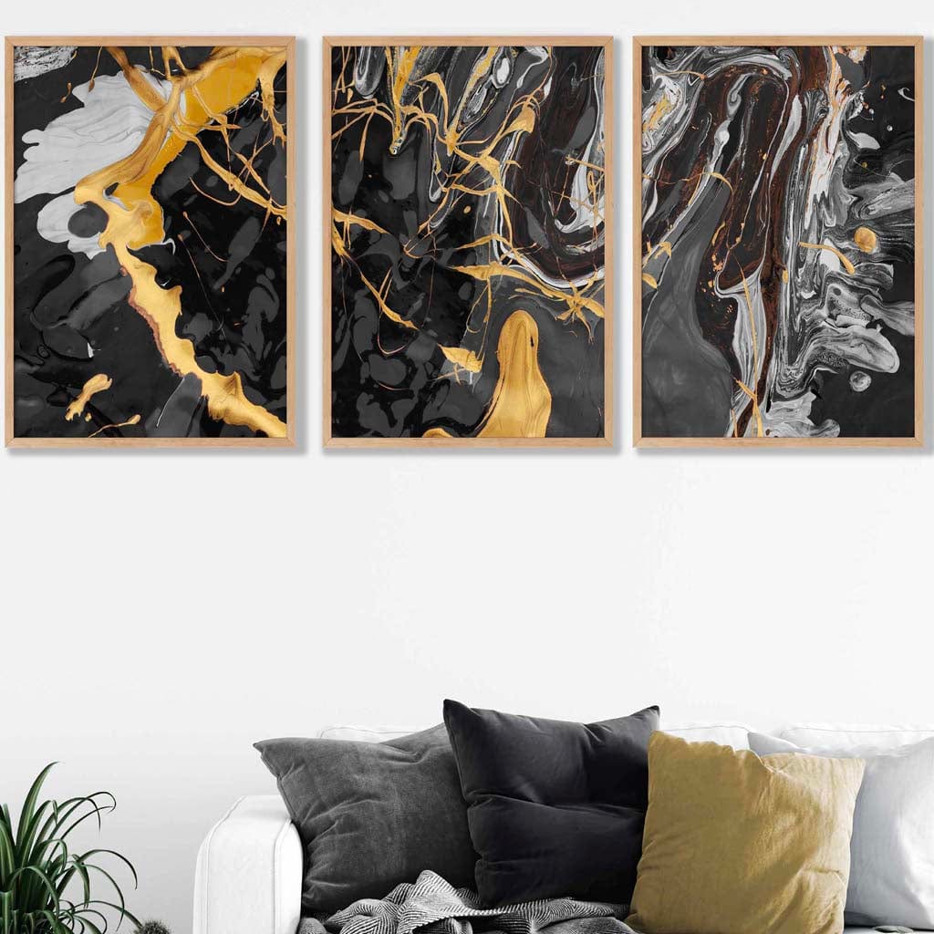 Set of 3 Abstract Black and Yellow Fluid Splatters Wall Art Prints