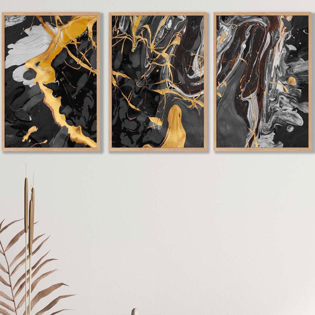 Set of 3 Abstract Black and Yellow Fluid Splatters Wall Art Prints
