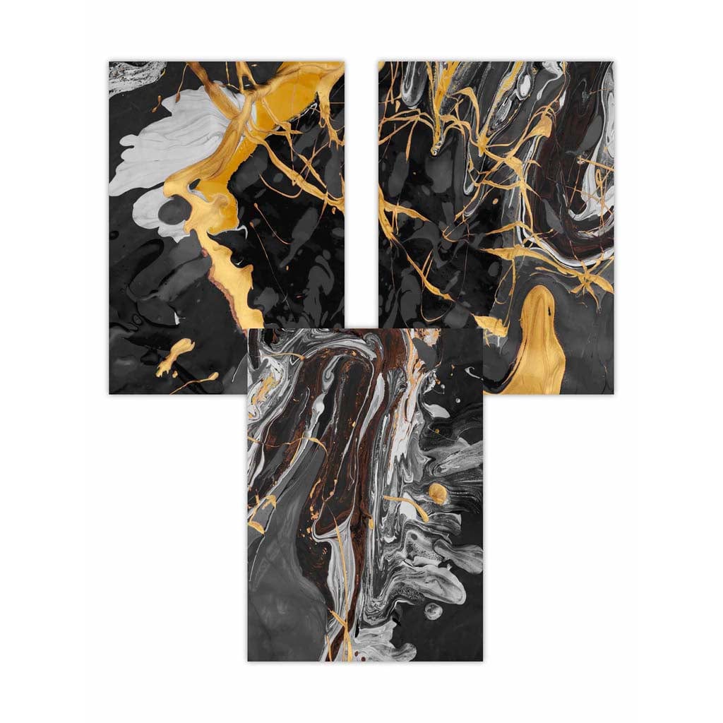 Set of 3 Abstract Black and Yellow Fluid Splatters Wall Art Prints