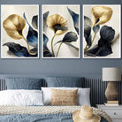 Set of 3 Oriental Abstract Lilies in Navy and Gold Wall Art Prints
