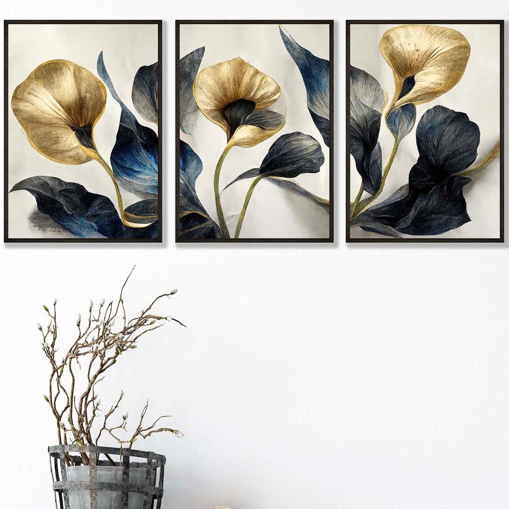 Set of 3 Oriental Abstract Lilies in Navy and Gold Wall Art Prints