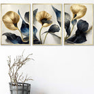 Set of 3 Oriental Abstract Lilies in Navy and Gold Wall Art Prints