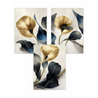 Set of 3 Oriental Abstract Lilies in Navy and Gold Wall Art Prints