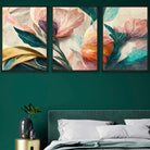 Set of 3 Oriental Abstract Petals in Teal and Pink Wall Art Prints