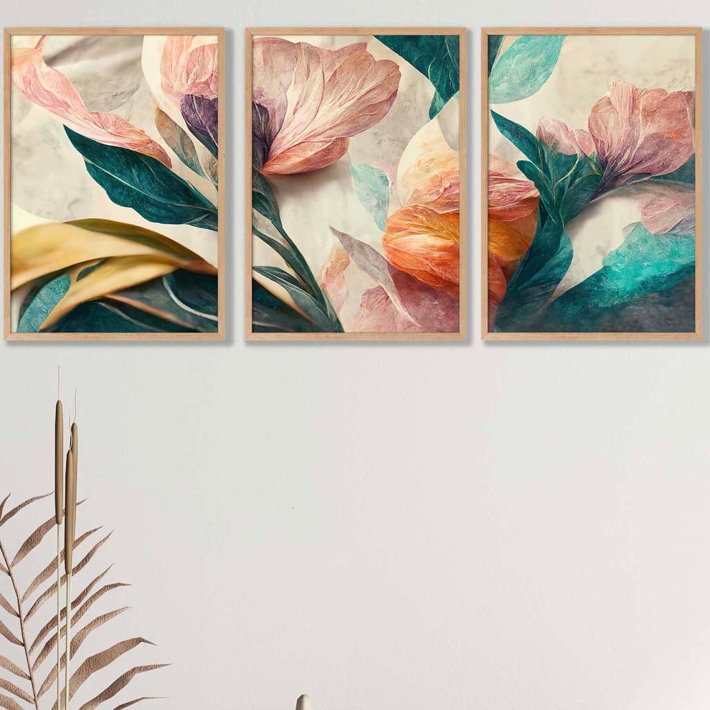 Set of 3 Oriental Abstract Petals in Teal and Pink Wall Art Prints