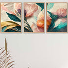 Set of 3 Oriental Abstract Petals in Teal and Pink Wall Art Prints