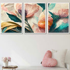 Set of 3 Oriental Abstract Petals in Teal and Pink Wall Art Prints