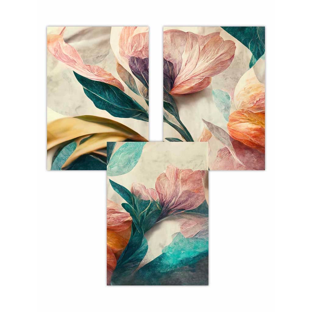 Set of 3 Oriental Abstract Petals in Teal and Pink Wall Art Prints