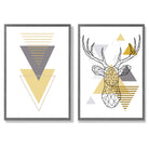 Geometric Yellow and Grey Stag Head Set of 2 Art Prints with Dark Grey Frame