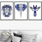 Geometric Set of 3 Blue & Grey Art Prints Giraffe Lion Elephant