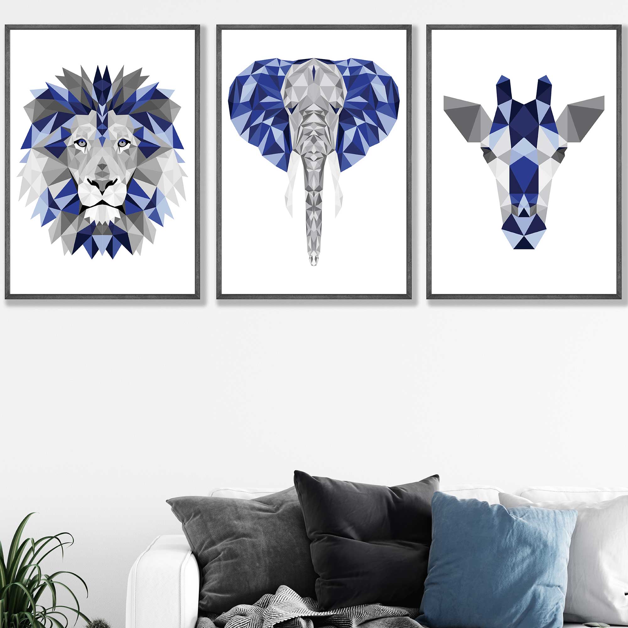 Geometric Set of 3 Blue & Grey Art Prints Giraffe Lion Elephant