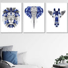 Geometric Set of 3 Blue & Grey Art Prints Giraffe Lion Elephant