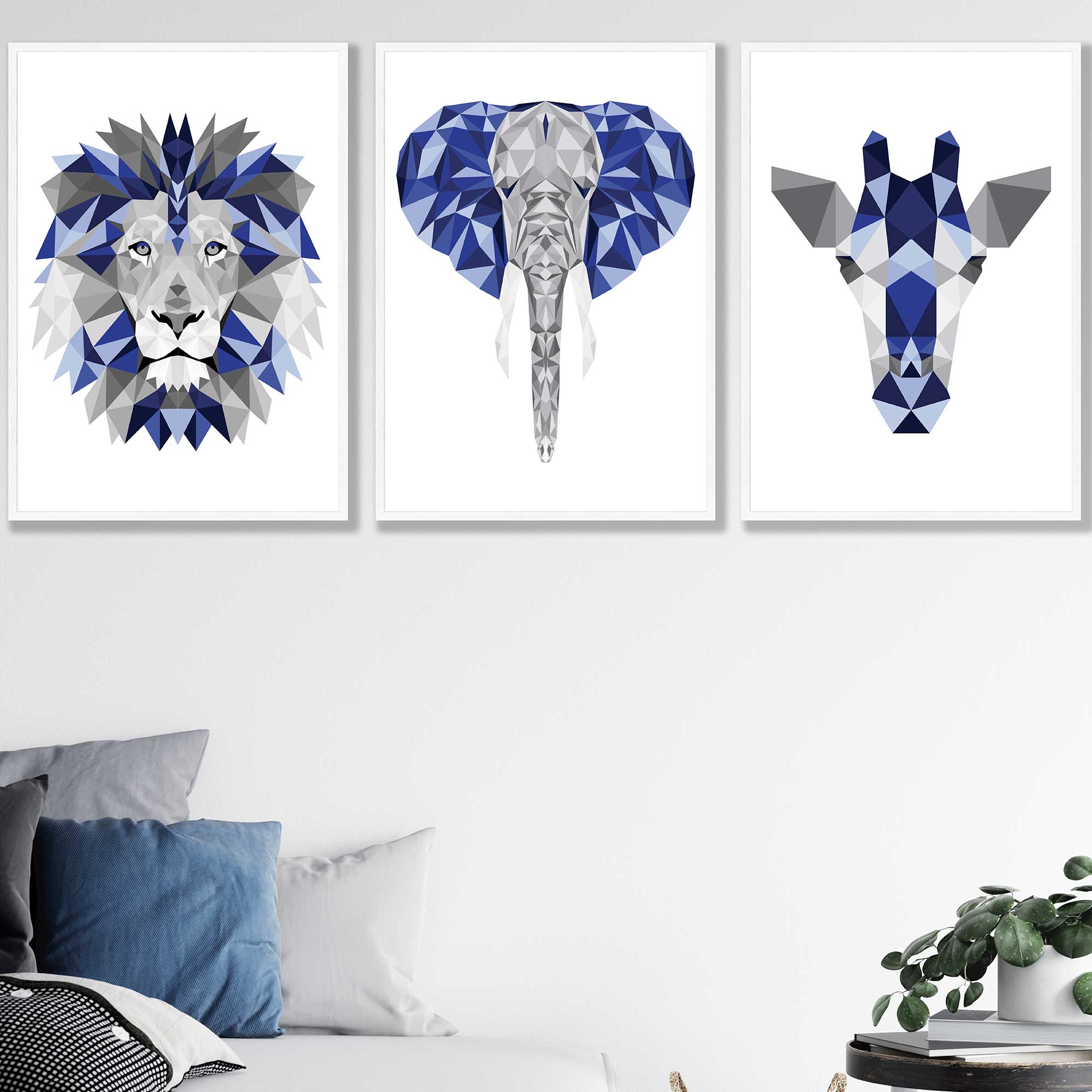Geometric Set of 3 Blue & Grey Art Prints Giraffe Lion Elephant