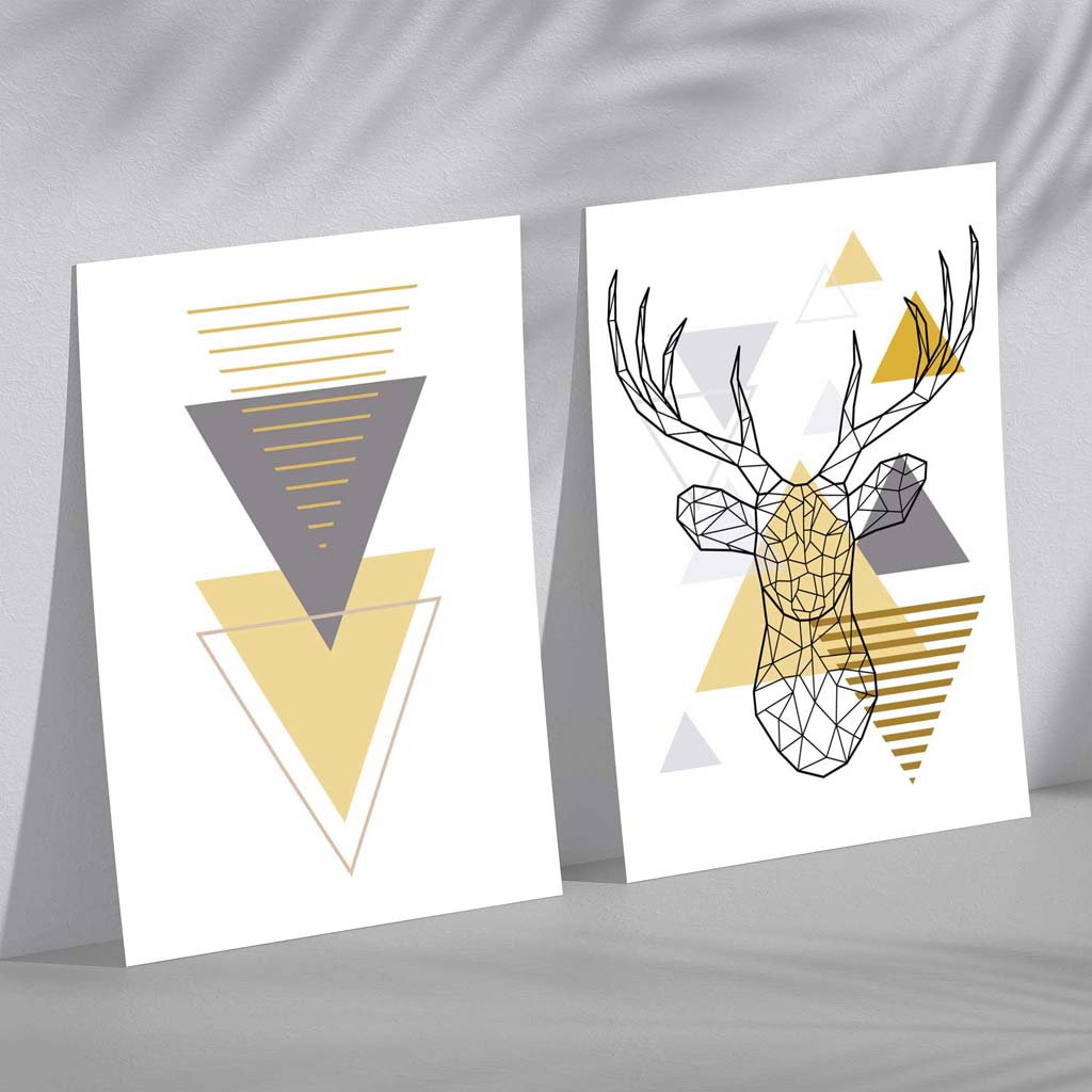 Geometric Yellow and Grey Stag Head Set of 2 Art Prints