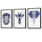 Set of 3 Blue & Grey Framed Art Prints Jungle Giraffe Lion Elephant | Artze Wall Art UK