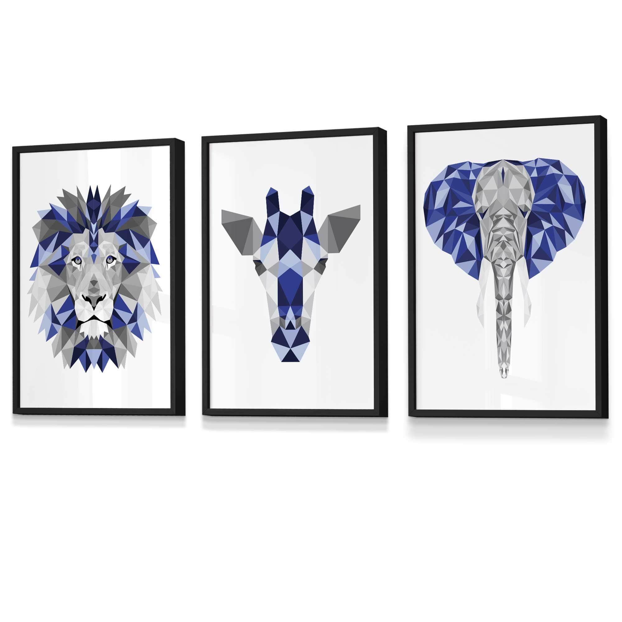 Set of 3 Blue & Grey Framed Art Prints Jungle Giraffe Lion Elephant | Artze Wall Art UK