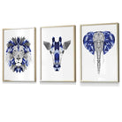 Set of 3 Blue & Grey Framed Art Prints Jungle Giraffe Lion Elephant | Artze Wall Art UK