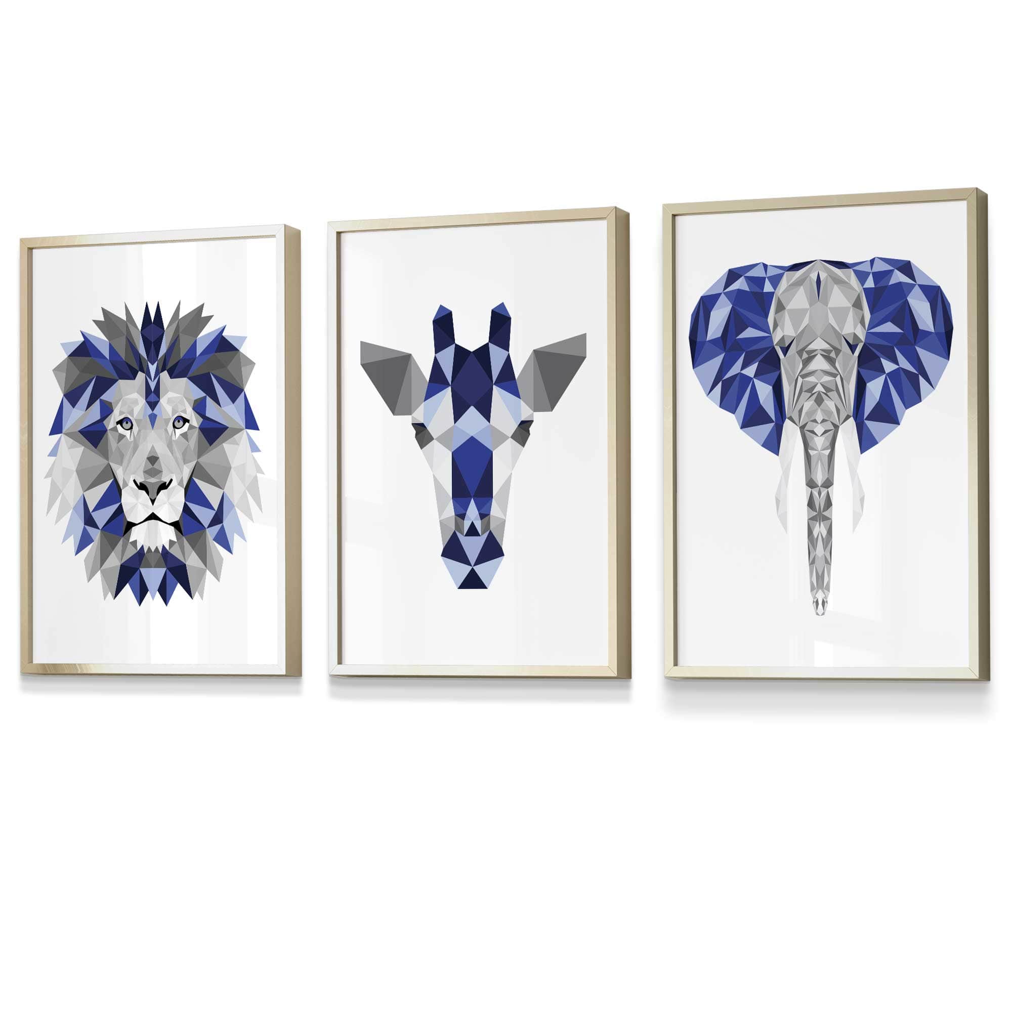 Set of 3 Blue & Grey Framed Art Prints Jungle Giraffe Lion Elephant | Artze Wall Art UK