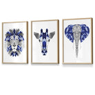 Set of 3 Blue & Grey Framed Art Prints Jungle Giraffe Lion Elephant | Artze Wall Art UK