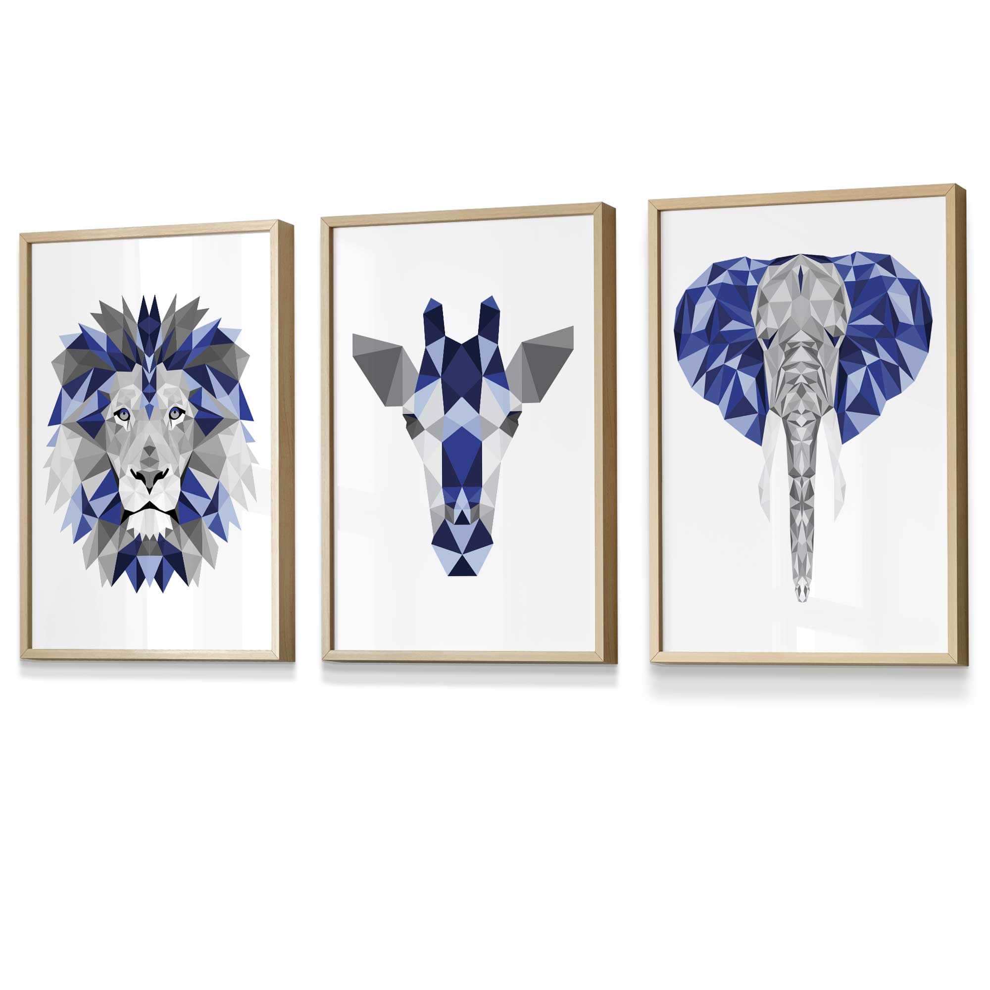 Set of 3 Blue & Grey Framed Art Prints Jungle Giraffe Lion Elephant | Artze Wall Art UK