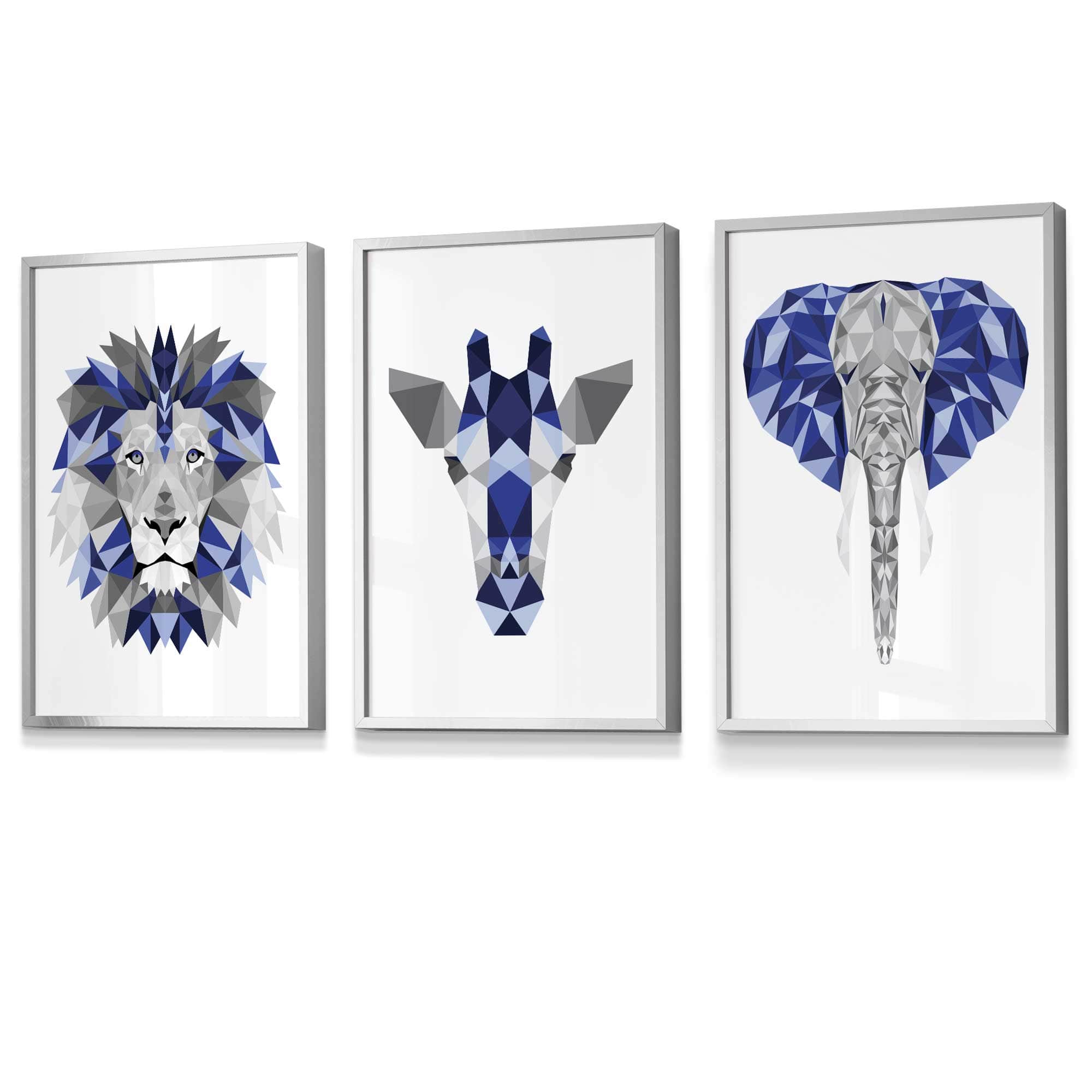 Set of 3 Blue & Grey Framed Art Prints Jungle Giraffe Lion Elephant | Artze Wall Art UK