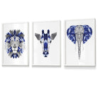 Set of 3 Blue & Grey Framed Art Prints Jungle Giraffe Lion Elephant | Artze Wall Art UK