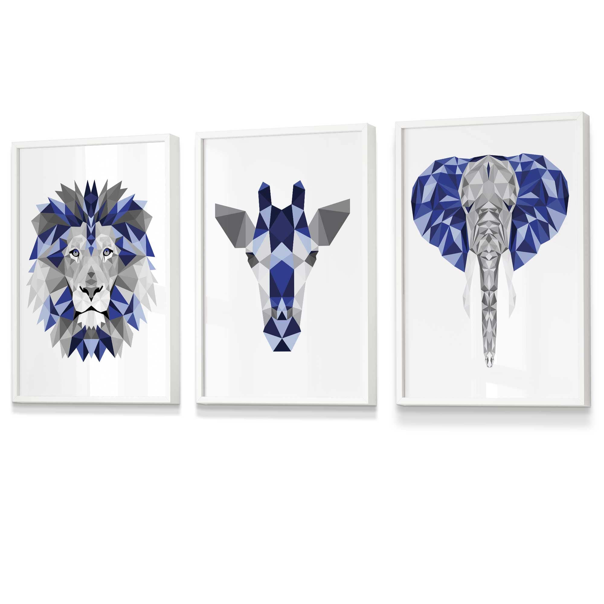 Set of 3 Blue & Grey Framed Art Prints Jungle Giraffe Lion Elephant | Artze Wall Art UK