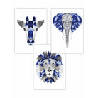 Geometric Set of 3 Blue & Grey Art Prints Giraffe Lion Elephant