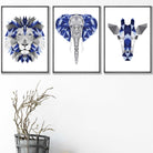 Geometric Set of 3 Blue & Grey Art Prints Giraffe Lion Elephant