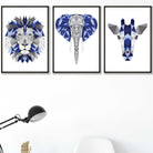 Geometric Set of 3 Blue & Grey Art Prints Giraffe Lion Elephant