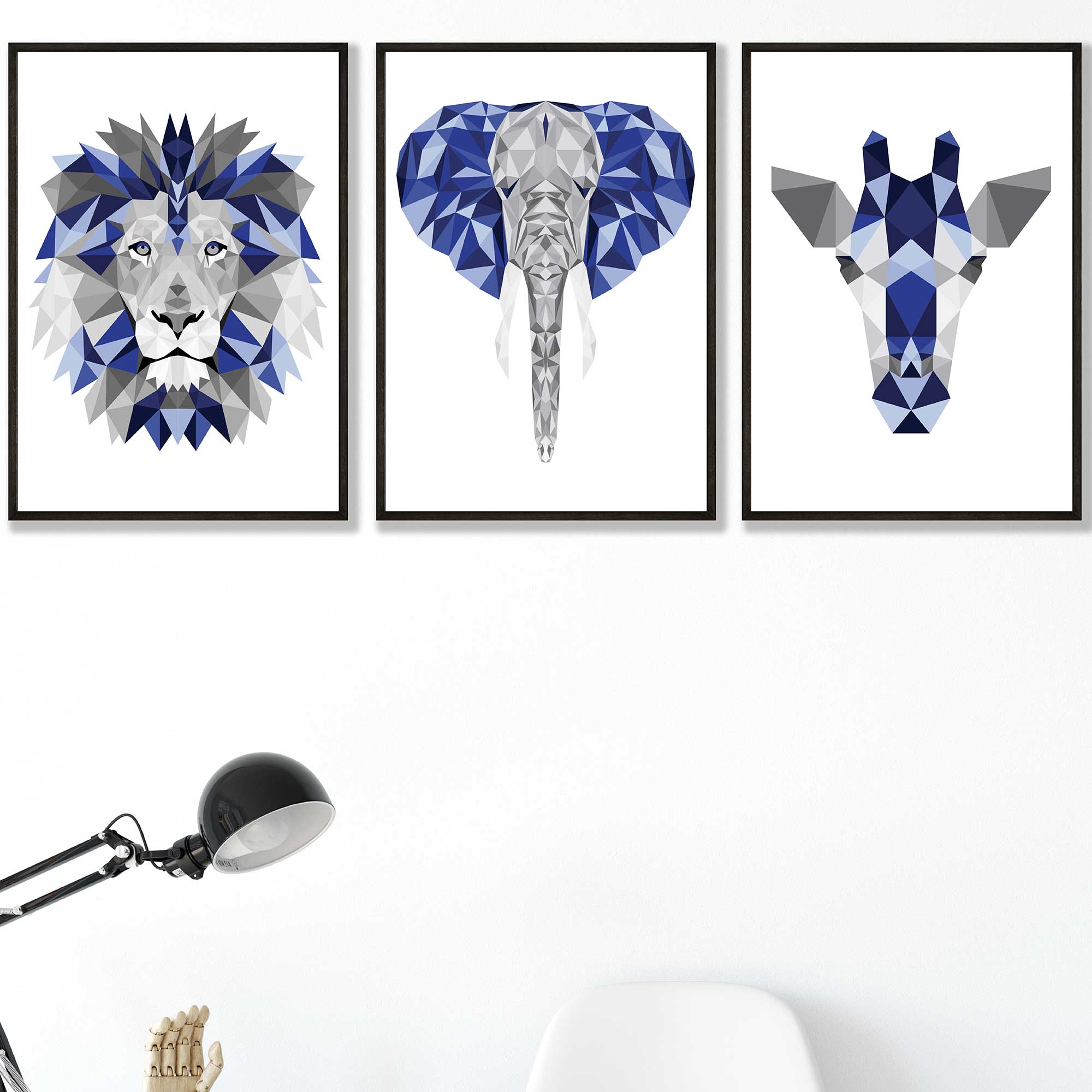 Geometric Set of 3 Blue & Grey Art Prints Giraffe Lion Elephant
