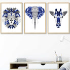 Geometric Set of 3 Blue & Grey Art Prints Giraffe Lion Elephant