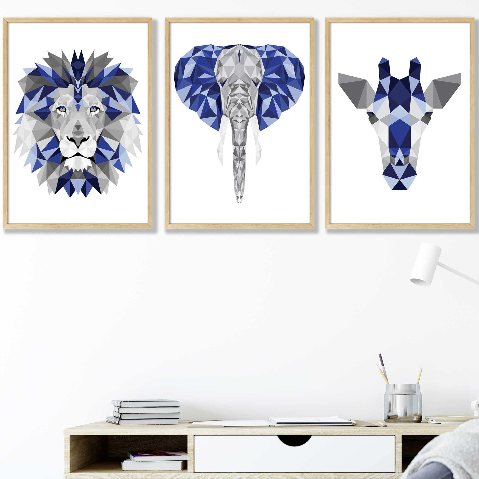 Geometric Set of 3 Blue & Grey Art Prints Giraffe Lion Elephant