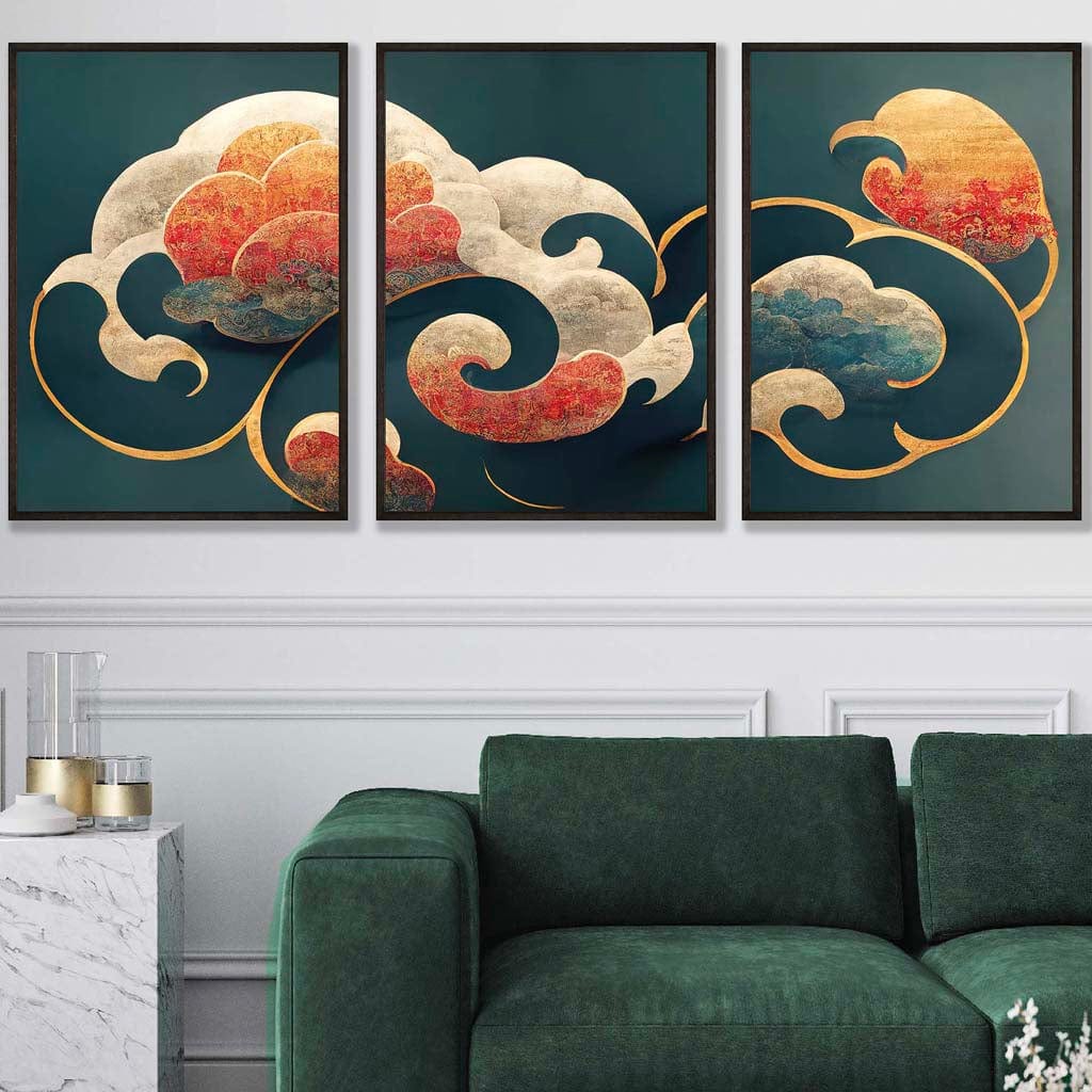 Set of 3 Oriental Abstract Clouds in Teal and Orange Wall Art Prints