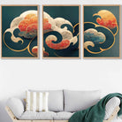 Set of 3 Oriental Abstract Clouds in Teal and Orange Wall Art Prints
