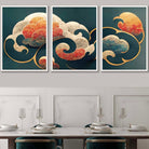 Set of 3 Oriental Abstract Clouds in Teal and Orange Wall Art Prints