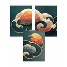 Set of 3 Oriental Abstract Clouds in Teal and Orange Wall Art Prints