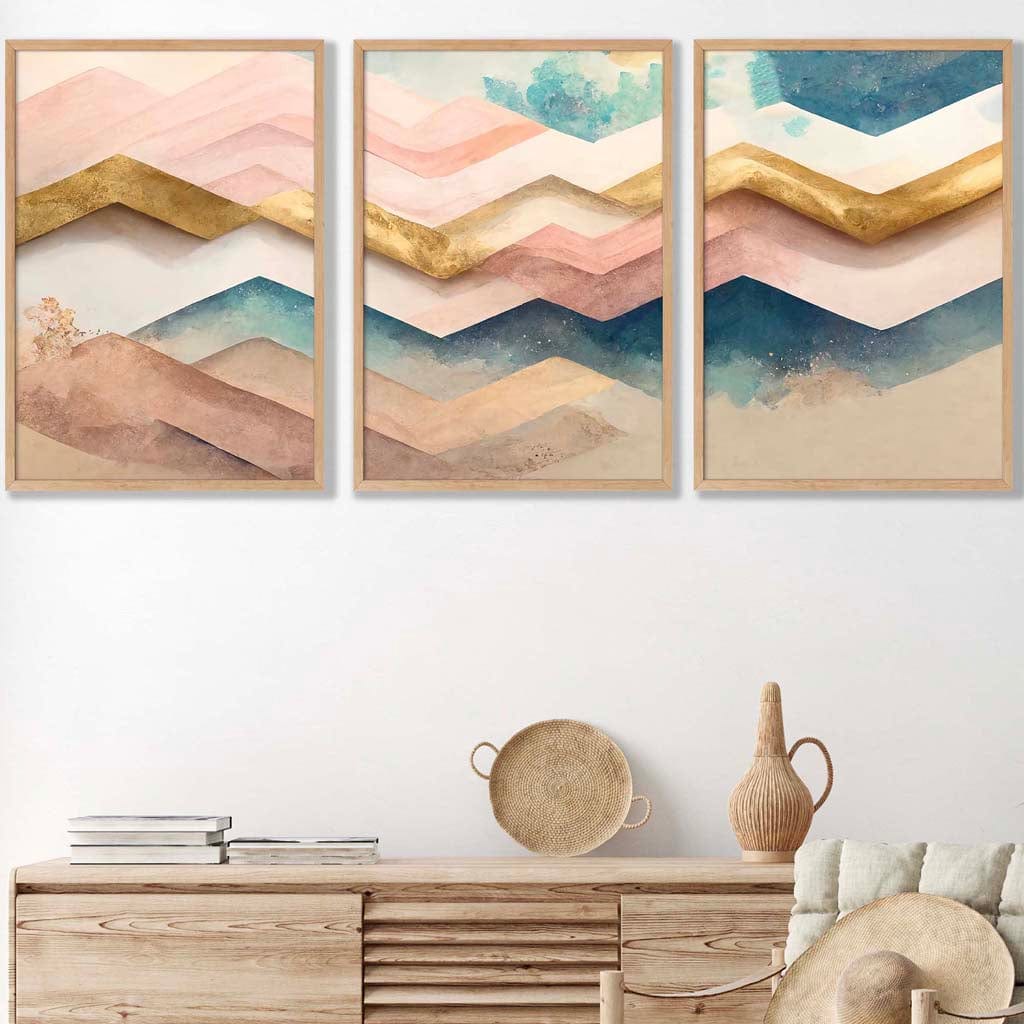 Set of 3 Herringbone Abstract in Pastel Pink Teal and Gold Wall Art Prints