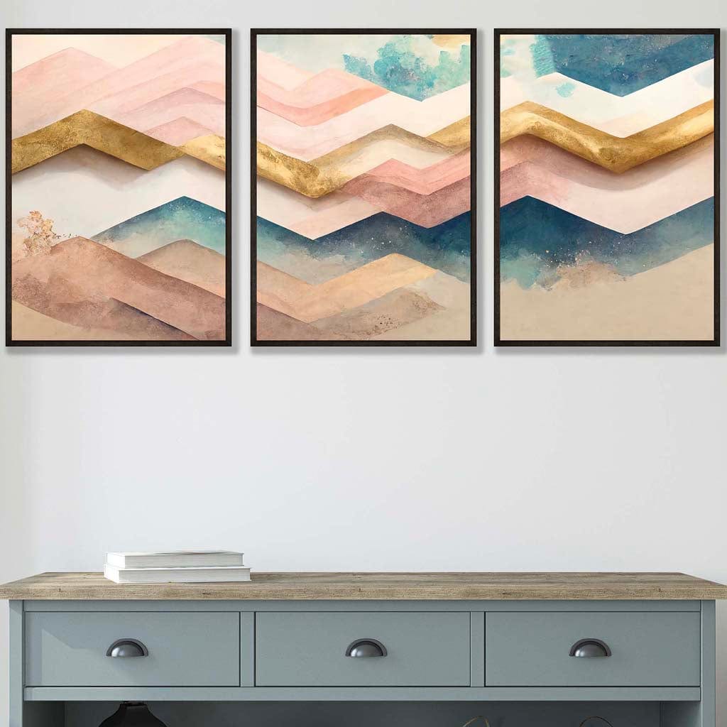 Set of 3 Herringbone Abstract in Pastel Pink Teal and Gold Wall Art Prints