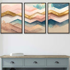 Set of 3 Herringbone Abstract in Pastel Pink Teal and Gold Wall Art Prints