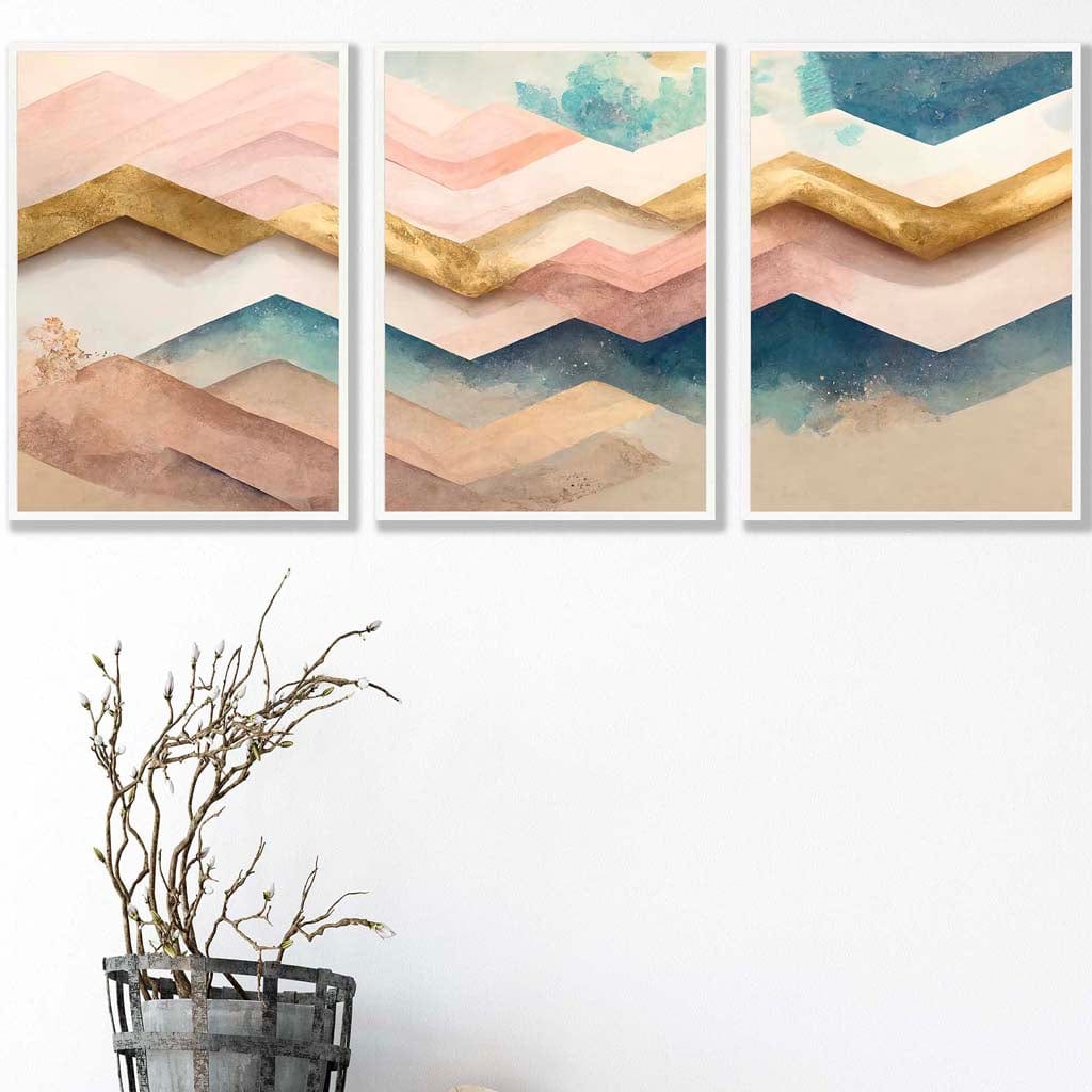Set of 3 Herringbone Abstract in Pastel Pink Teal and Gold Wall Art Prints