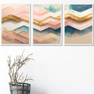 Set of 3 Herringbone Abstract in Pastel Pink Teal and Gold Wall Art Prints