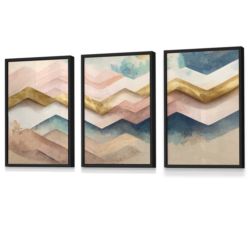 Set of 3 Herringbone Abstract in Pastel Pink and Gold Framed Wall Art Prints | Artze Wall Art UK