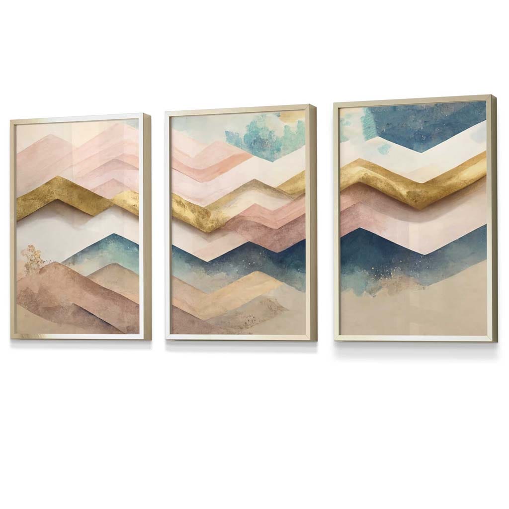 Set of 3 Herringbone Abstract in Pastel Pink and Gold Framed Wall Art Prints | Artze Wall Art UK